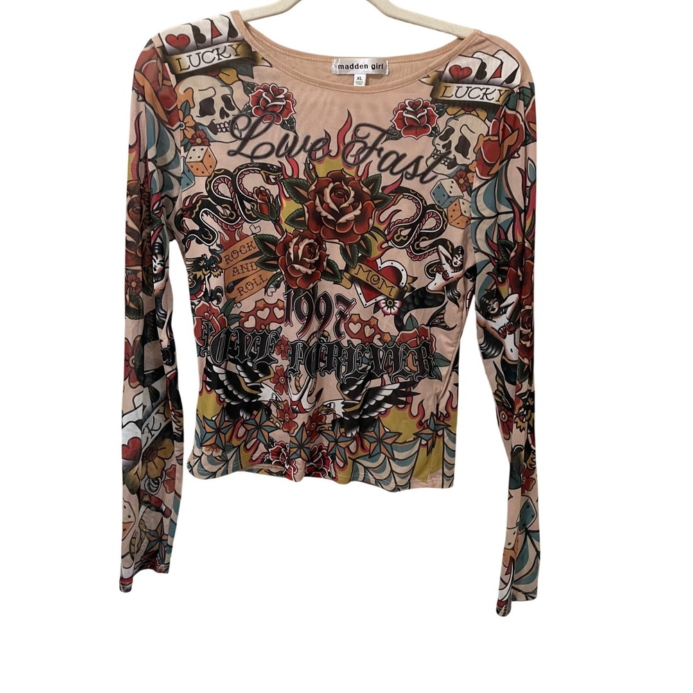 Madden Girl XL Mesh Tattoo Print Long Sleeve Top Y2K Rock Rockabilly Retro
